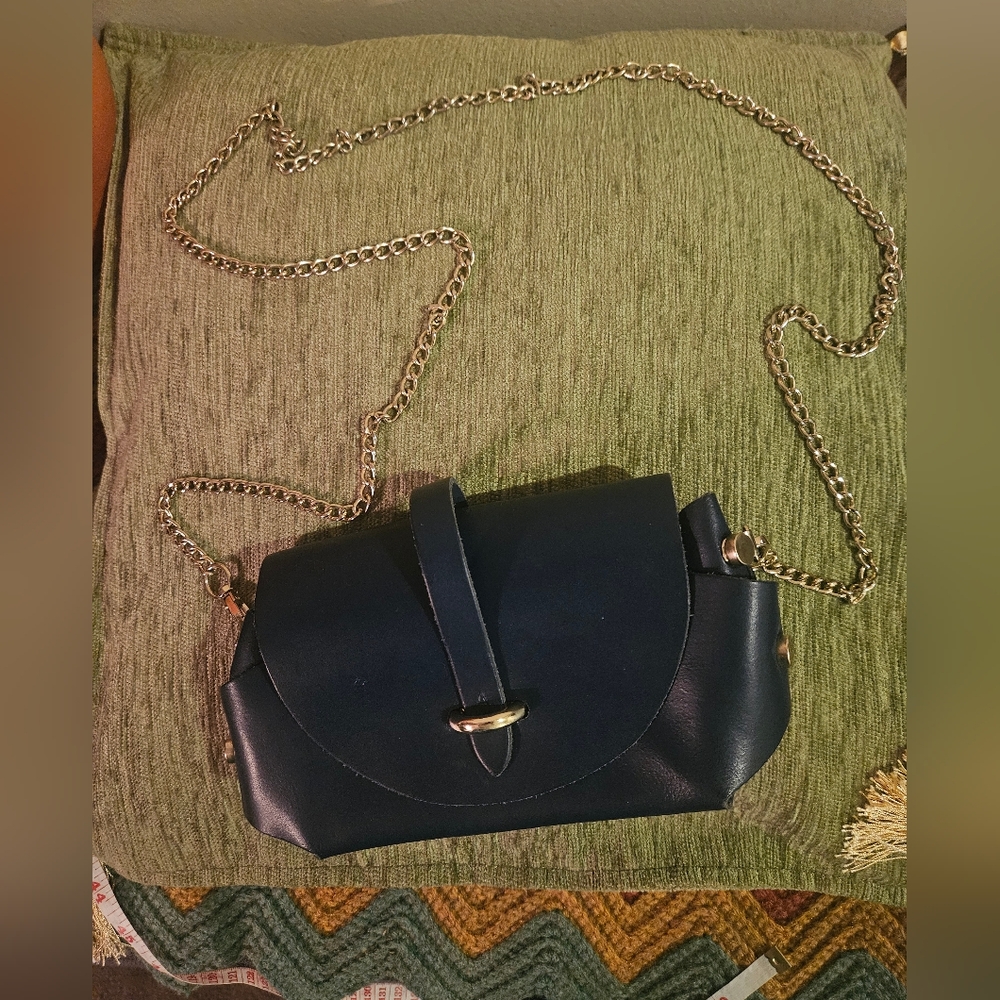 Pelle Navy Made In Italy Leather Gold Chain Mini Purse